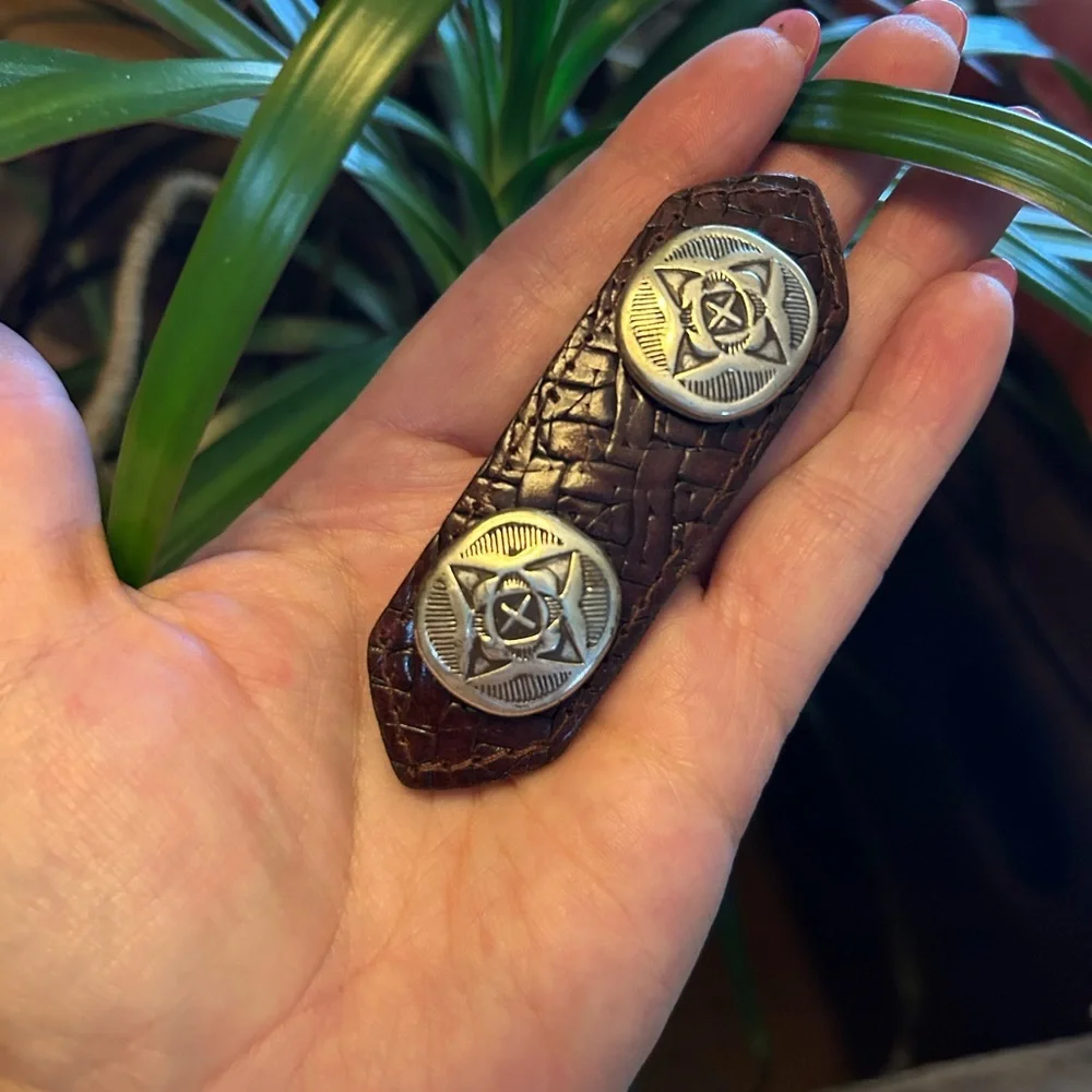 Vintage Brown Leather & Silver Metal Barrette